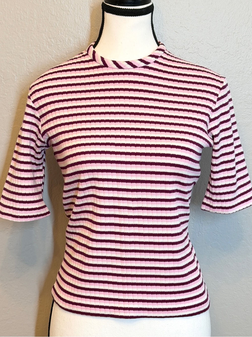 VTG 70s Striped Ribbed Knit Top Mock Neck Talon Zip Pink Maroon Small